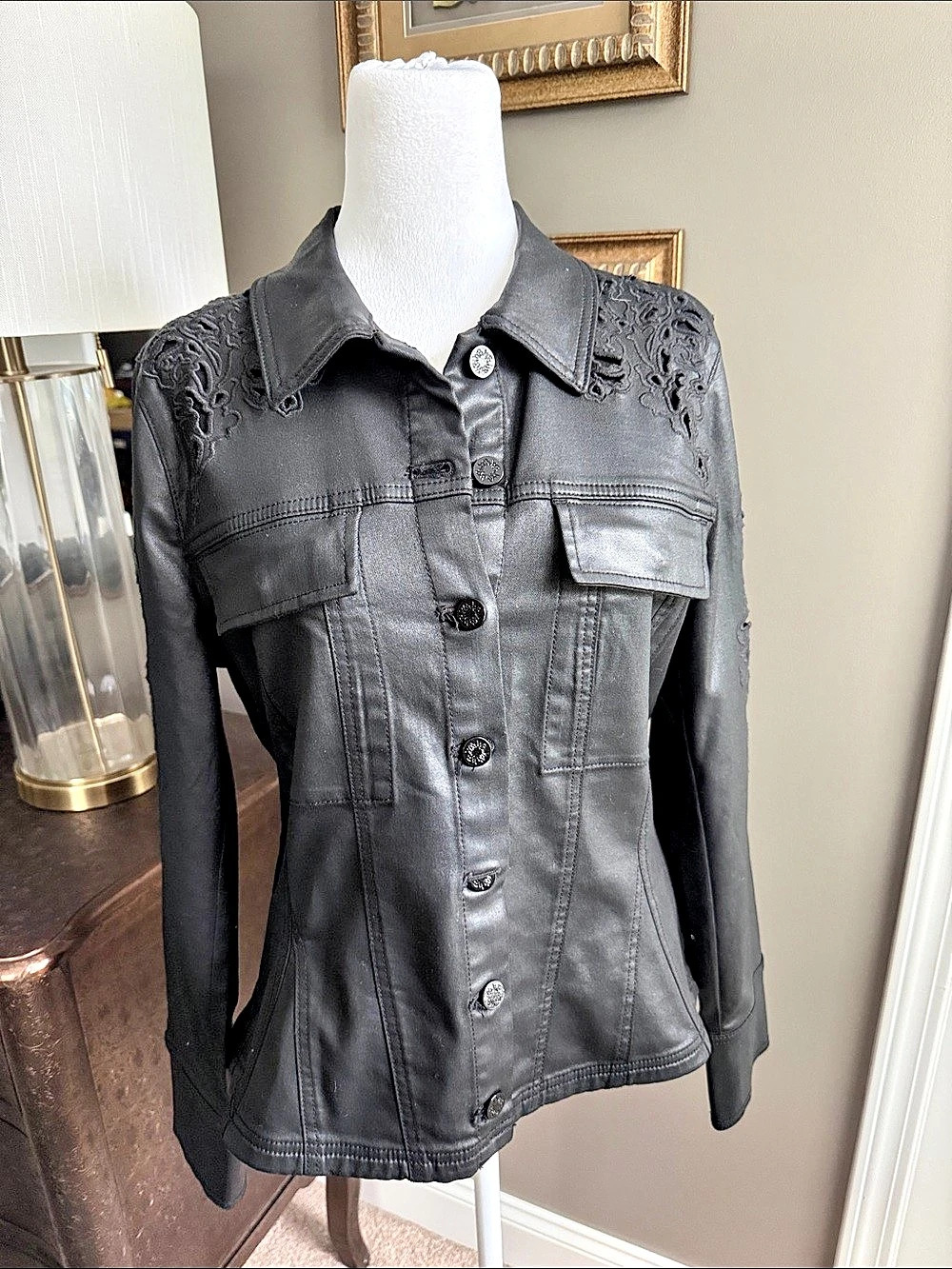 White House Black Market Embroidered Faux Leather coated, denim Jacket Size Medi